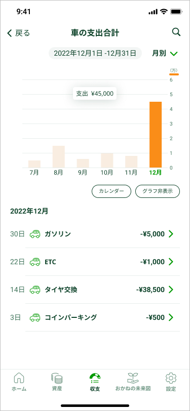 カテゴリー別の収支画面
